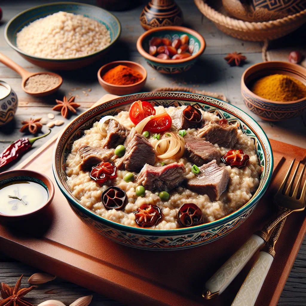 A bowl of creamy Omani harees wheat porridge topped with ghee