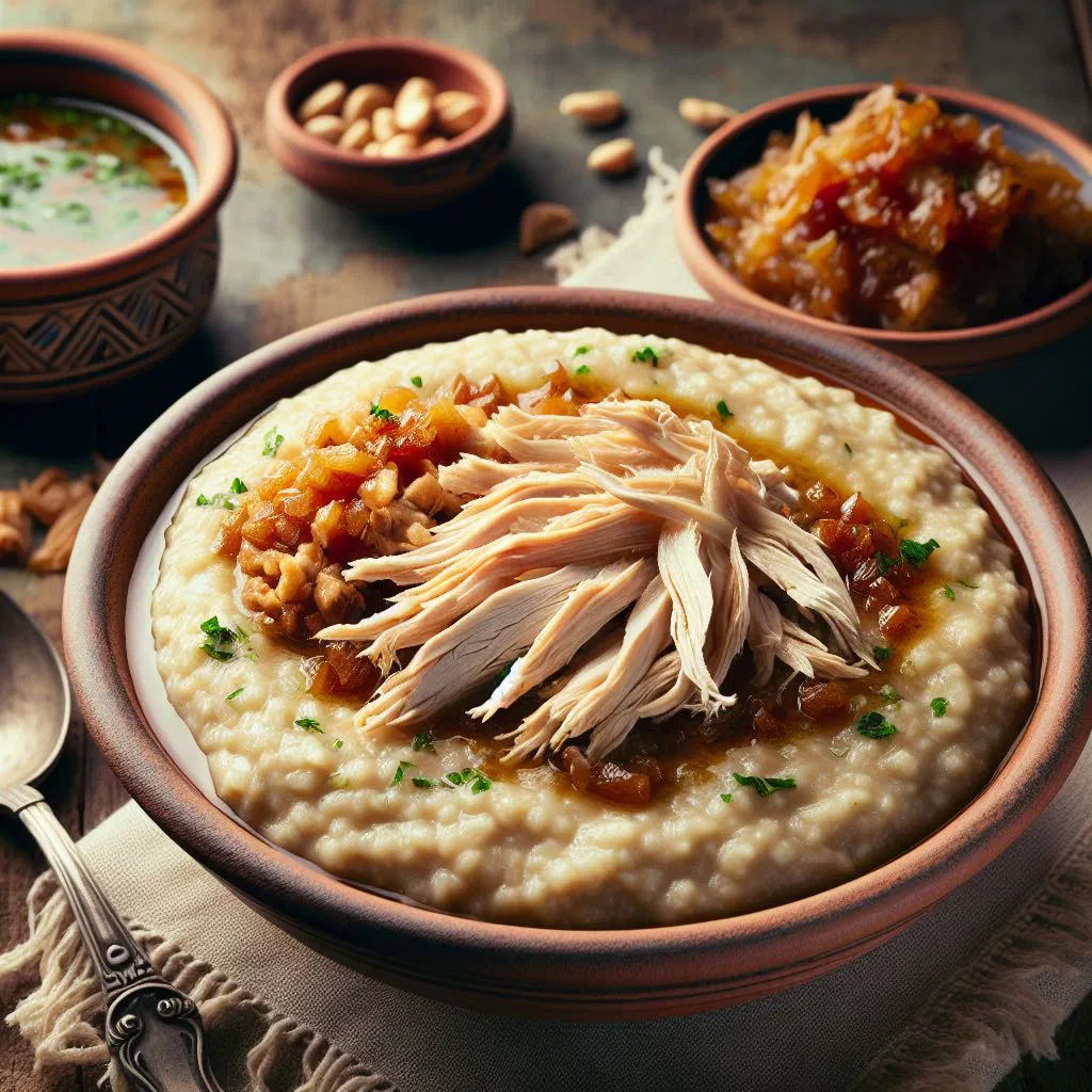 Creamy Omani harees with shredded chicken, garnished with herbs