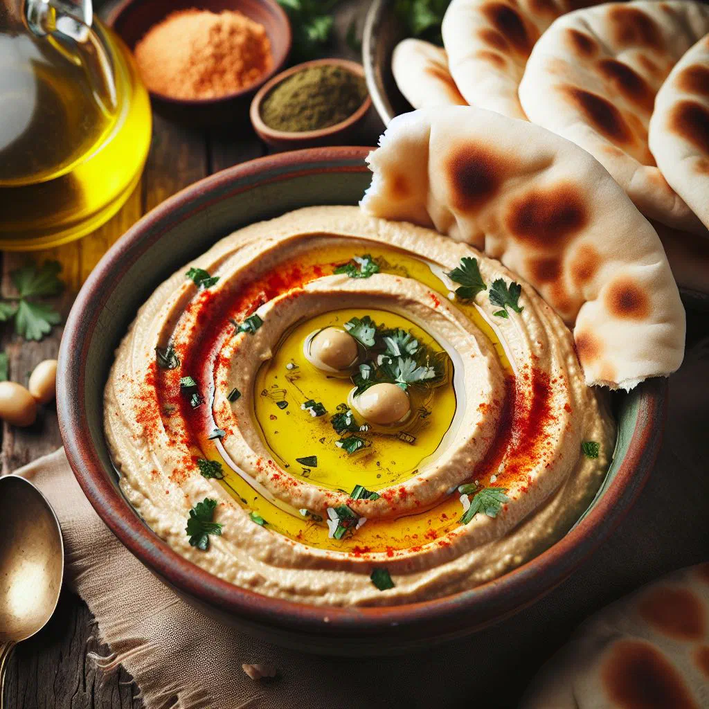 Creamy hummus in a shallow bowl drizzled with olive oil and paprika