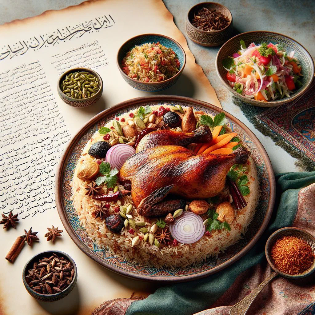 Kabsa spiced rice with tender meat, nuts and dried fruit on a platter