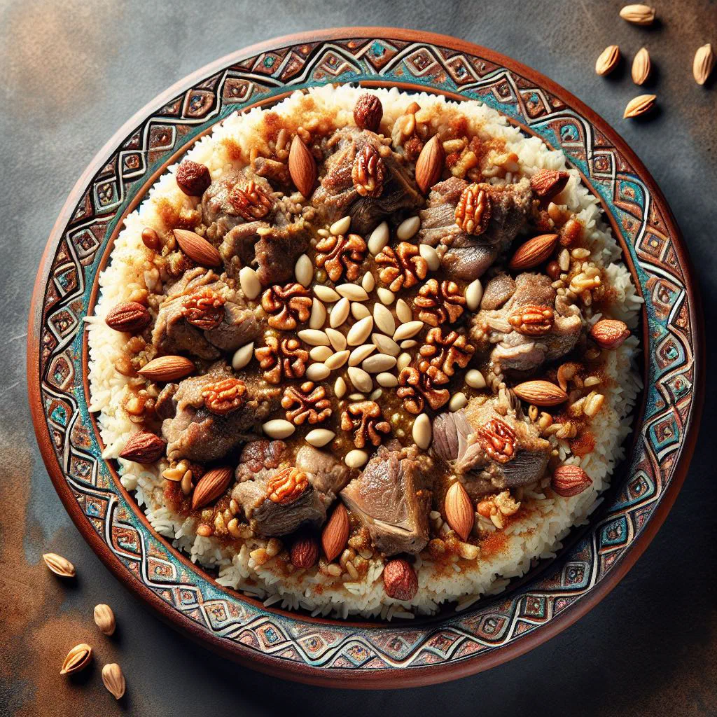 Spiced Omani khabsa lahm with tender lamb over basmati rice, garnished with parsley