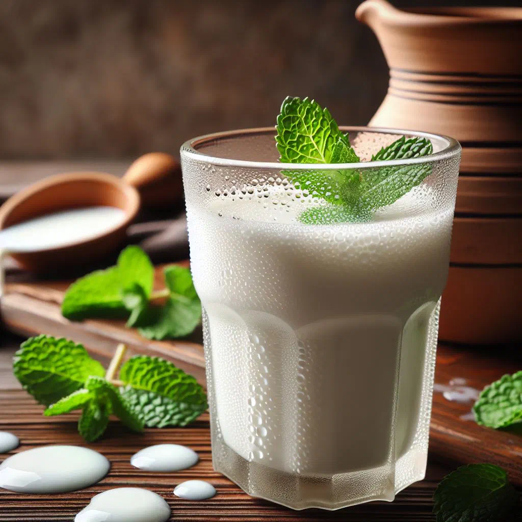 A tall glass of chilled laban yoghurt drink garnished with fresh mint