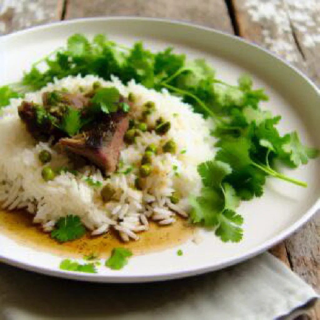 Spiced Omani laban rice with lamb, garnished with fresh coriander