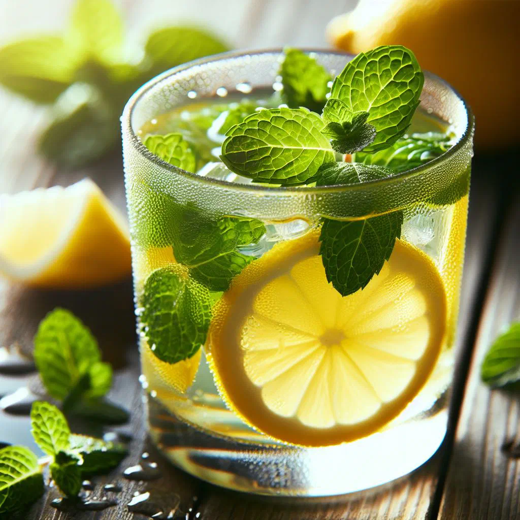 Glass of chilled lemon mint drink garnished with fresh mint and a lemon slice