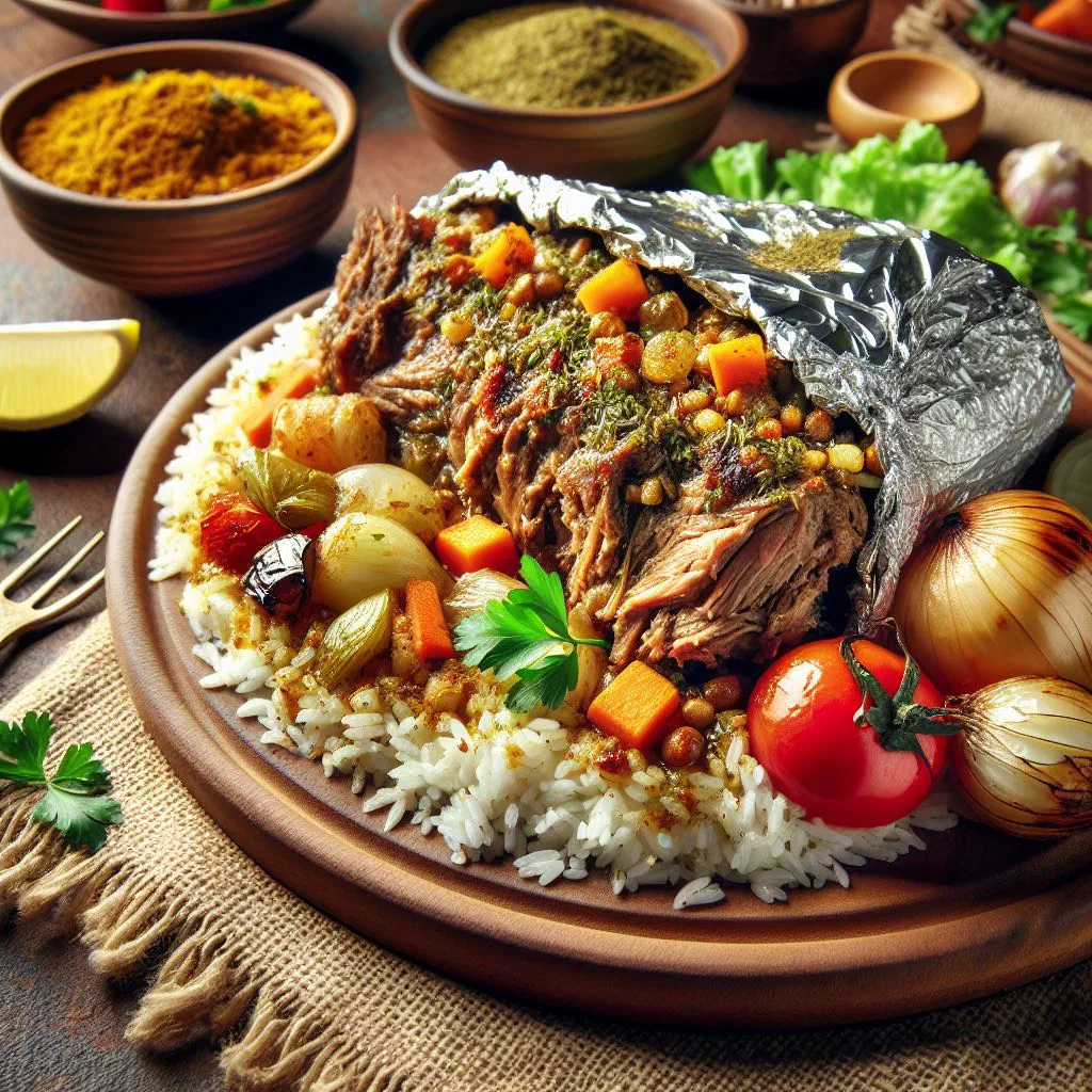 Madfoon with tender spiced meat served over aromatic rice and fresh herbs