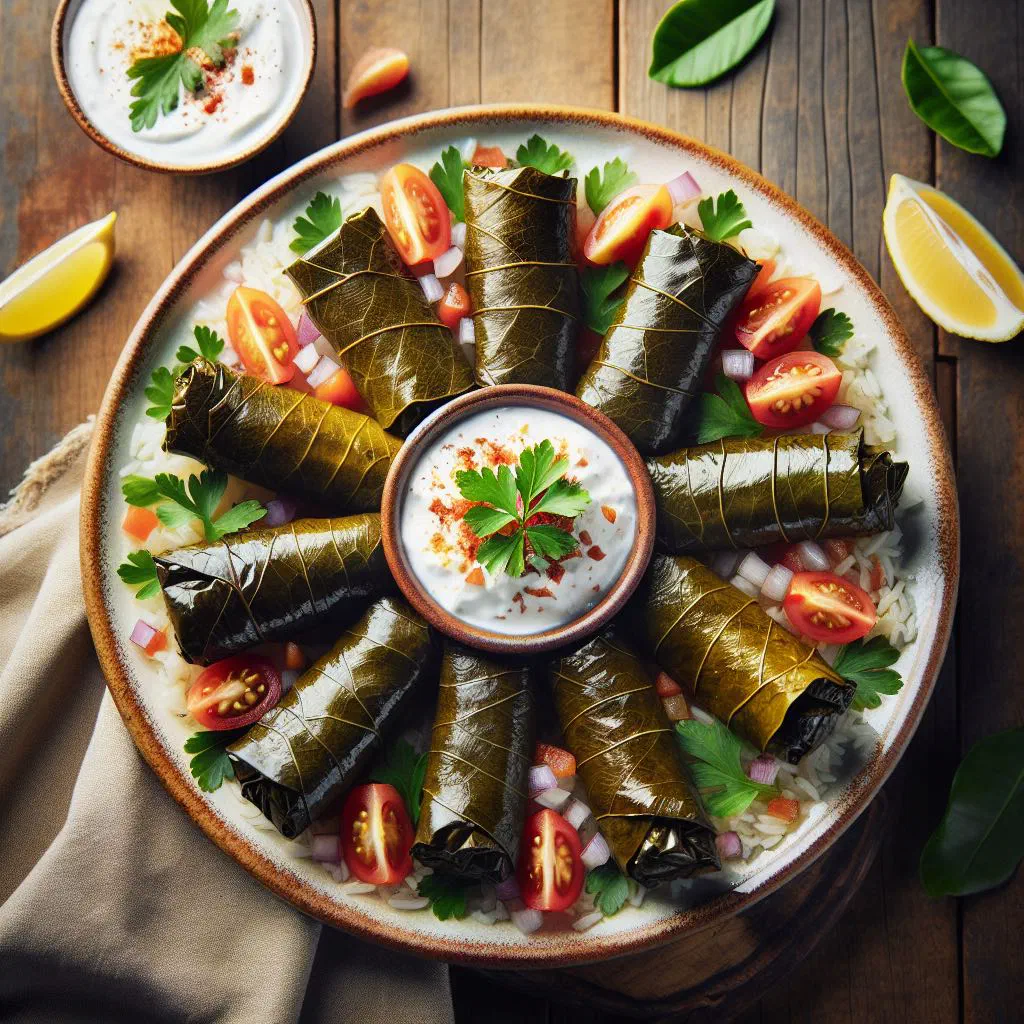Rolled stuffed vine leaves in tomato sauce garnished with fresh herbs