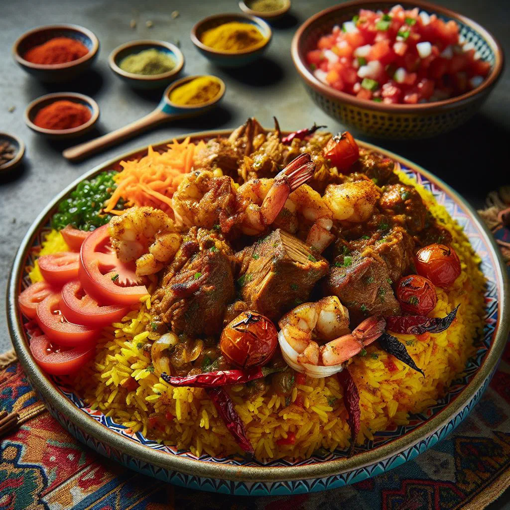 Spiced Omani majboos rice served with tender meat and herbs