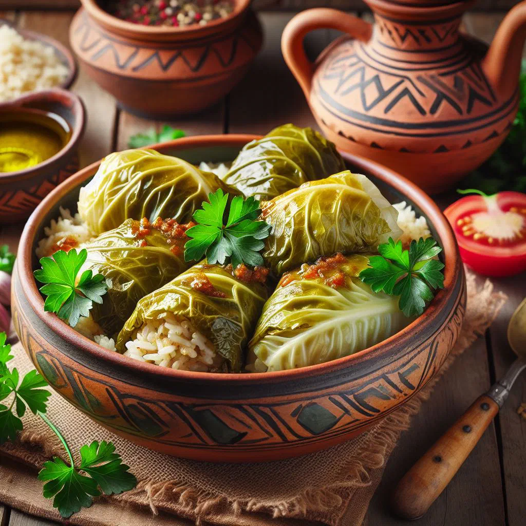Stuffed savoy cabbage rolls filled with spiced rice and meat, served warm
