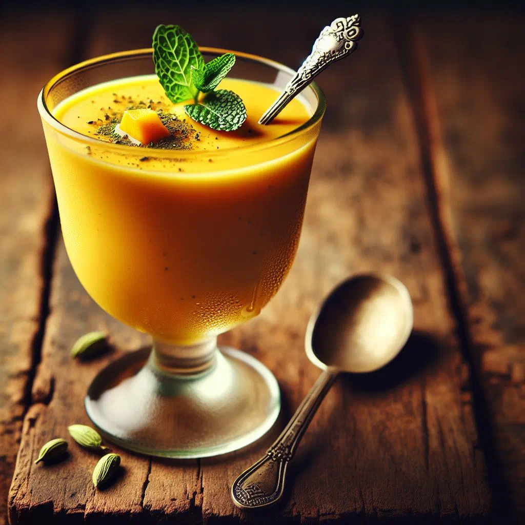 A tall glass of creamy mango lassi garnished with mint and chopped pistachios