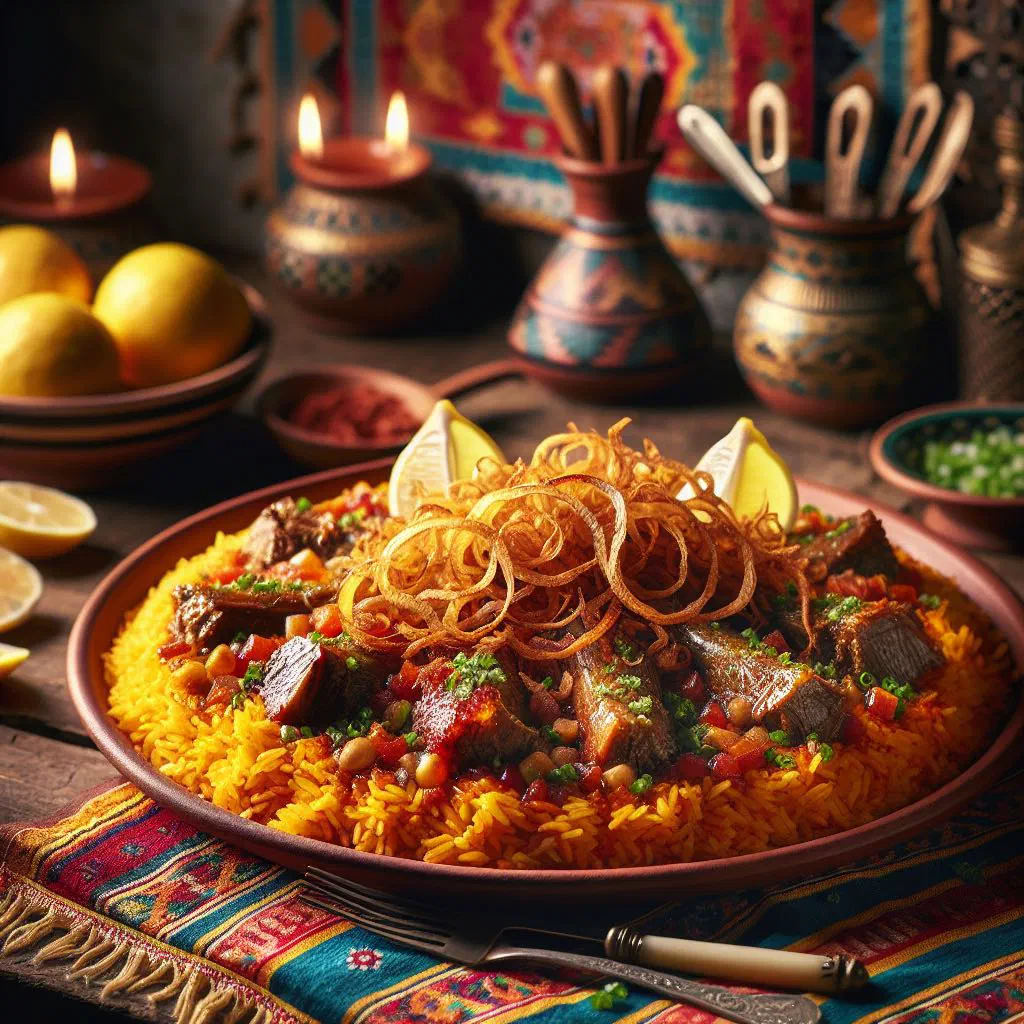 Fragrant Omani maqbous rice with spiced chicken and herbs