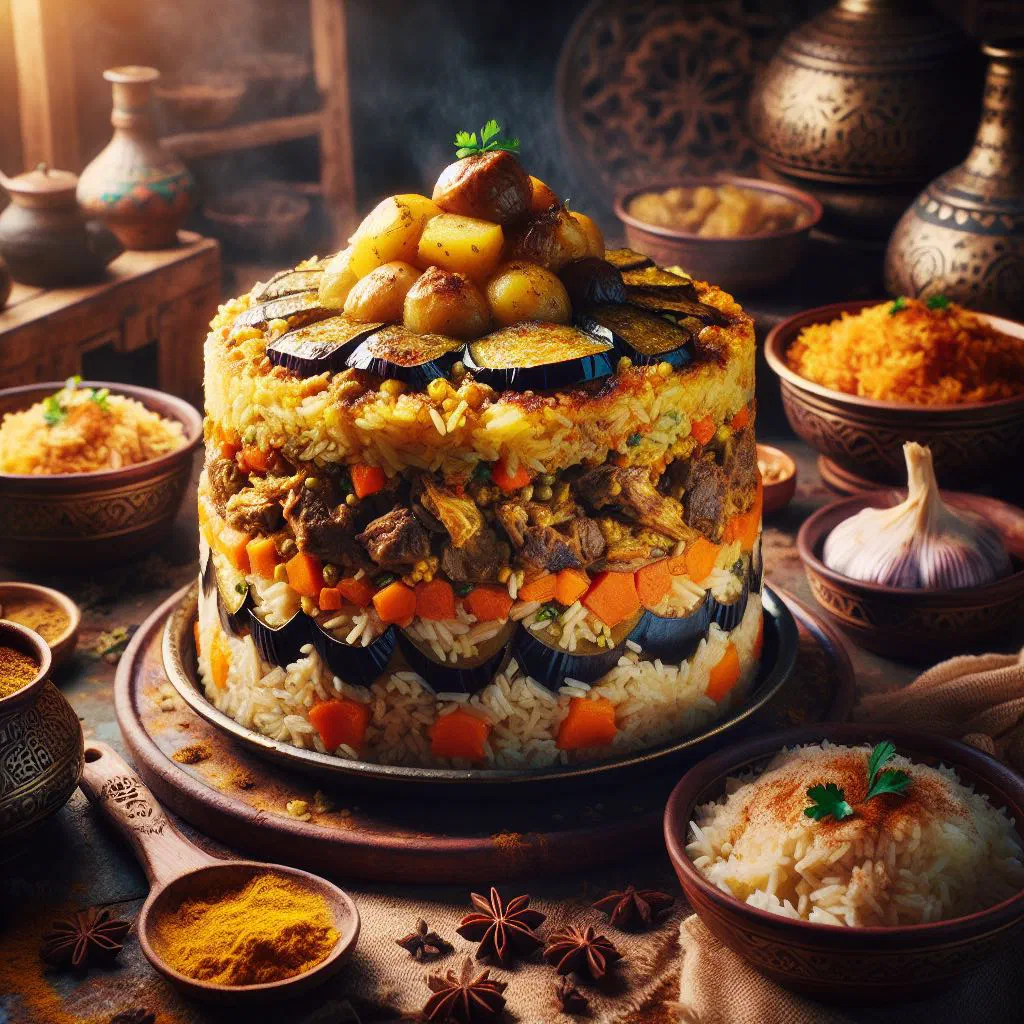 Upturned Maqluba of spiced rice, meat and vegetables on a serving platter
