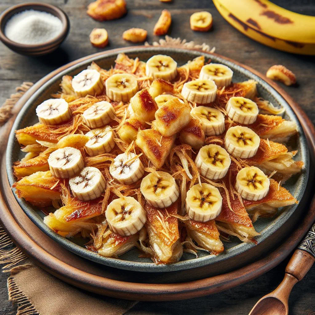Bowl of Omani masoub with mashed banana, bread, nuts and a dusting of cinnamon