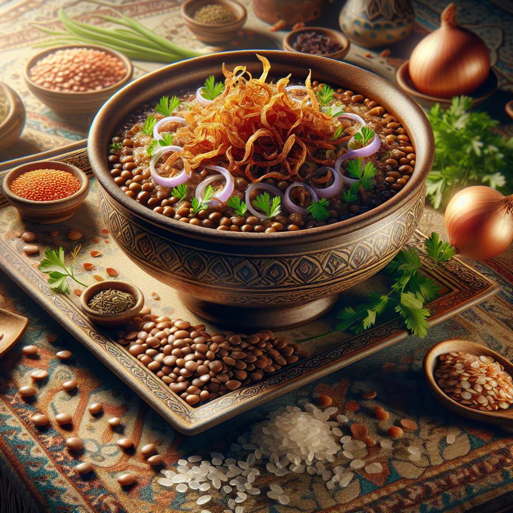 Mujadara of rice and lentils topped with golden caramelised onions