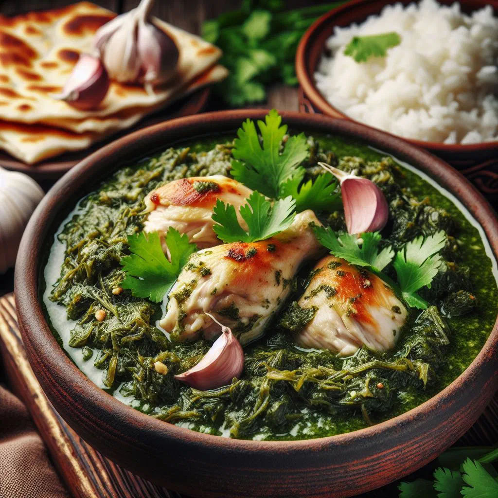 Bowl of green mulukhiyah stew with tender meat and rice
