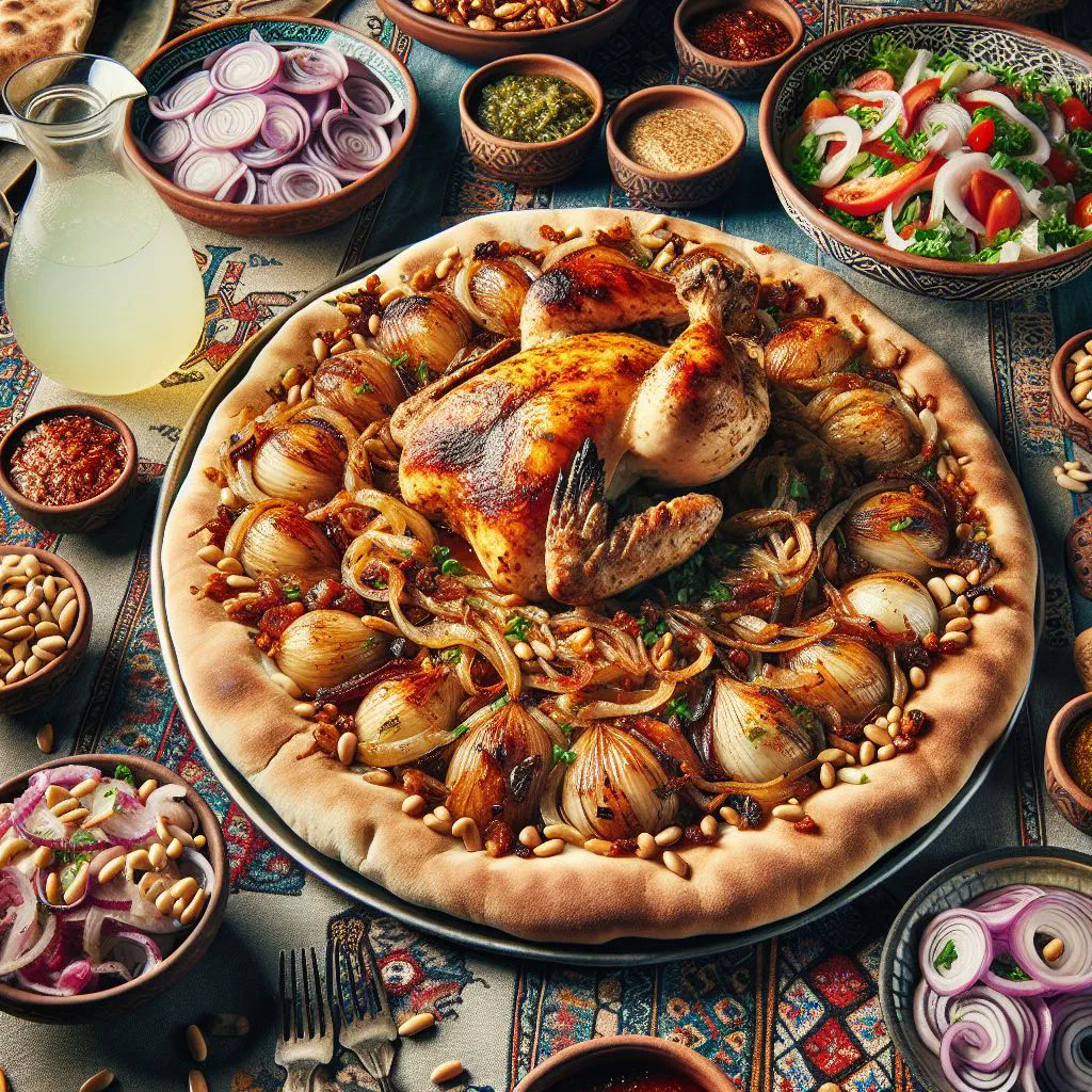 Musakhan with roasted chicken and sumac onions over crisp flatbread