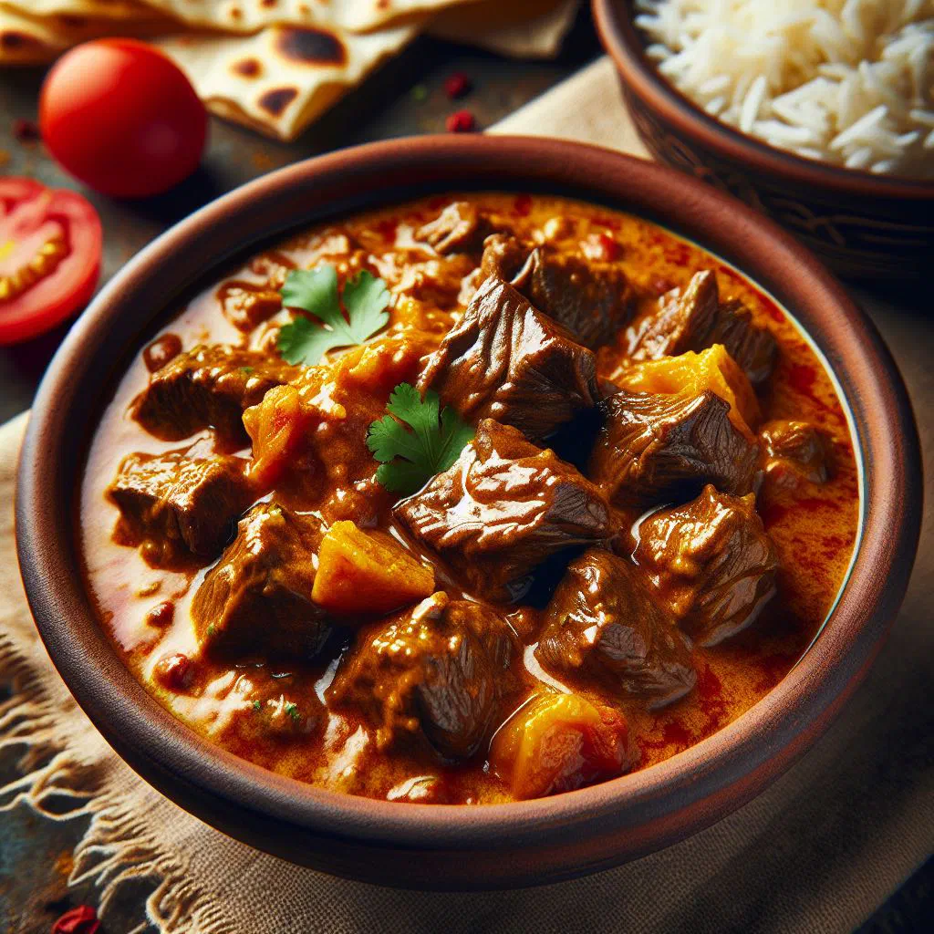 Omani beef curry in a bowl garnished with fresh coriander