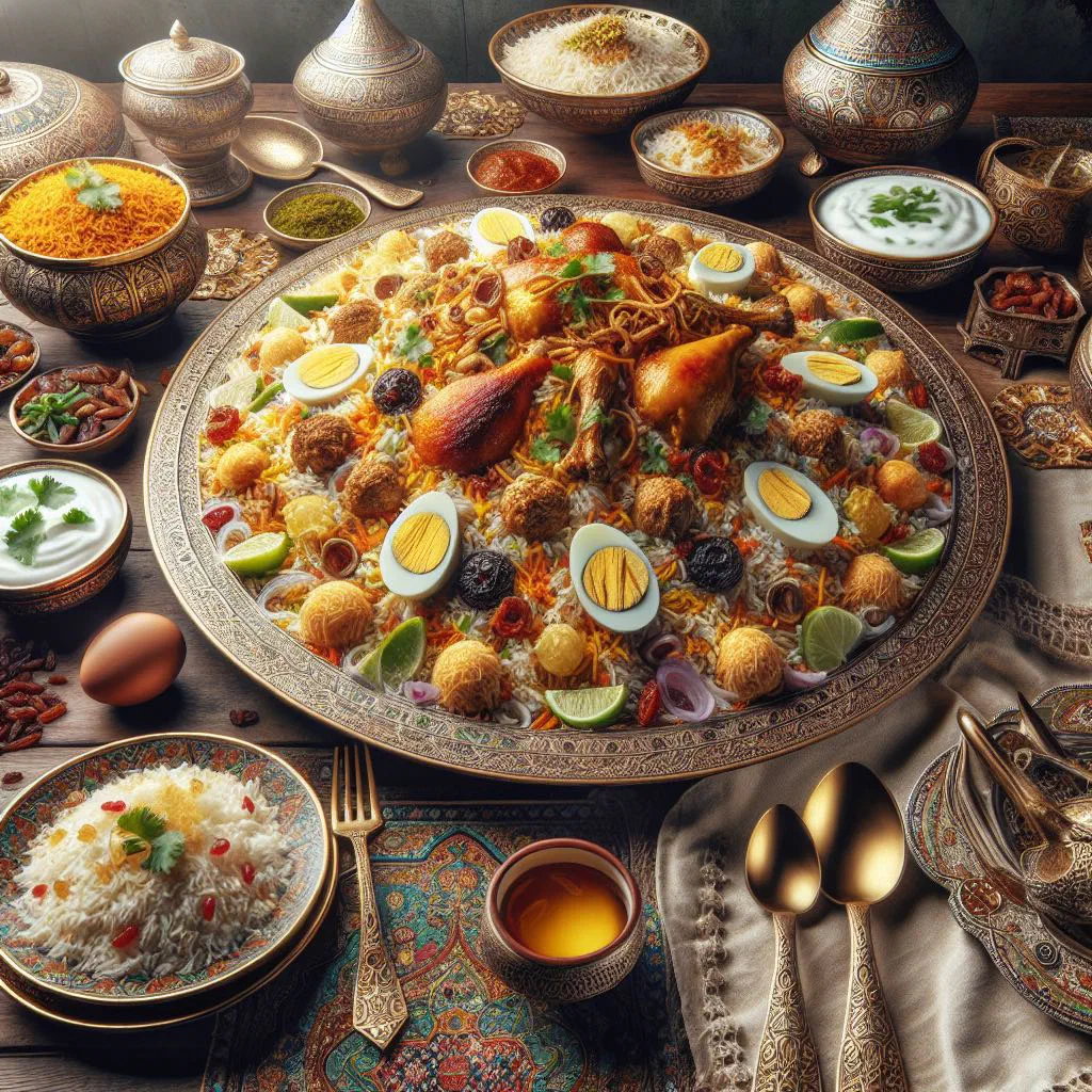 Fragrant Omani biryani with spiced rice and tender meat, garnished with fresh coriander