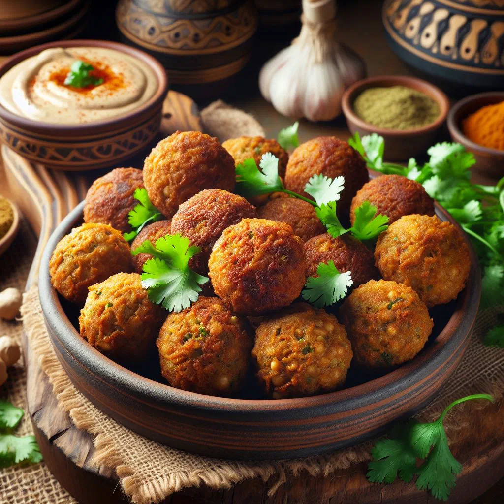 Golden Omani chickpea falafel balls served with fresh herbs and dip