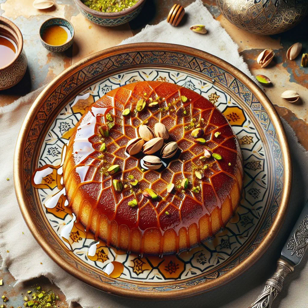 Golden Omani honey cake dusted with icing sugar and garnished with mint