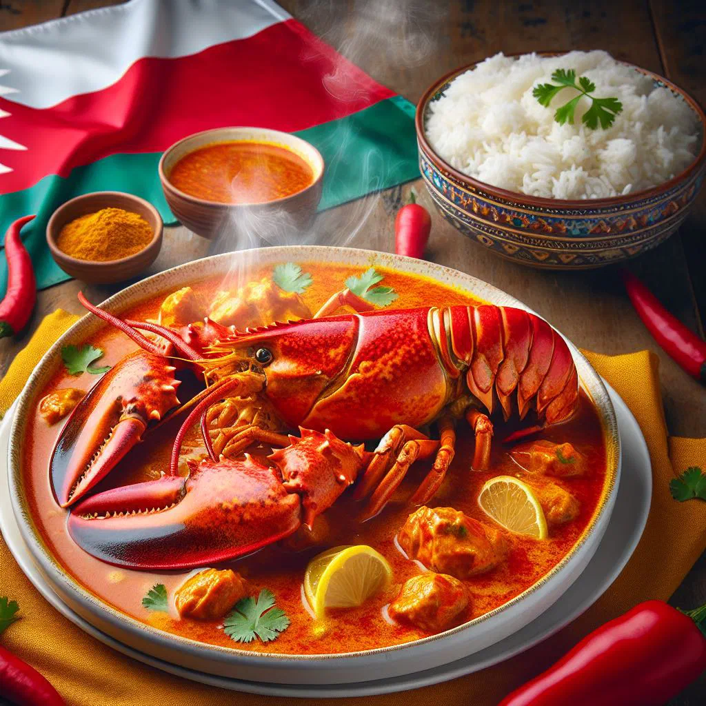 Omani lobster curry in a coconut sauce garnished with fresh coriander