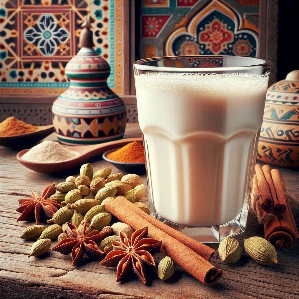 A warm cup of Omani spiced milk dusted with cinnamon and saffron