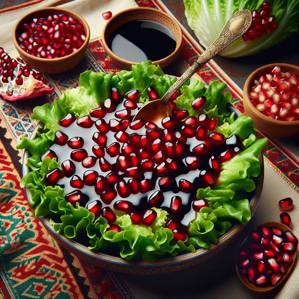 Fresh green salad topped with pomegranate seeds, walnuts and a molasses dressing