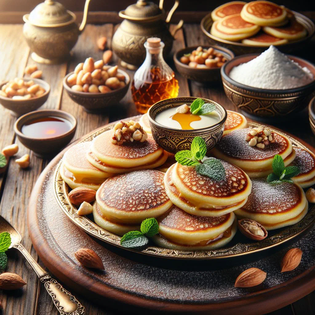 Folded golden qatayef pancakes filled with nuts and dusted with icing sugar