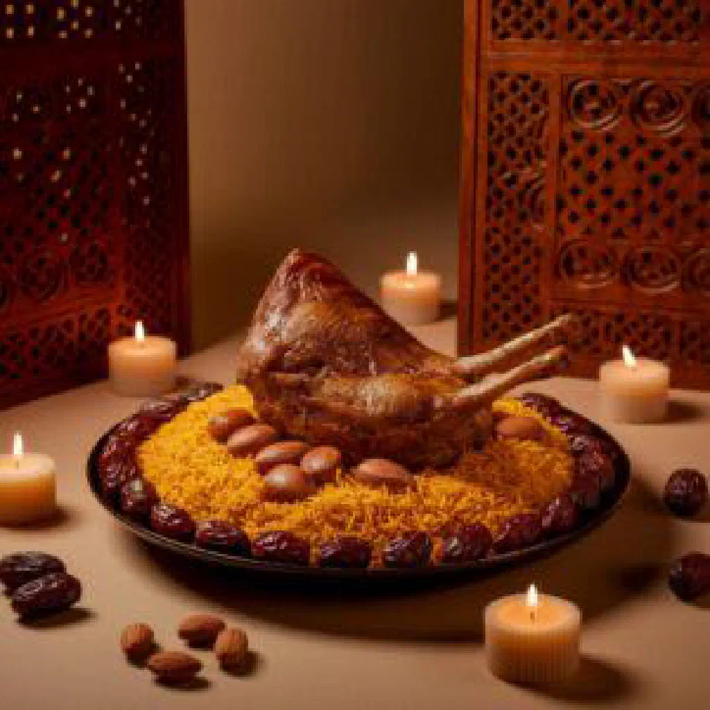 Qoozi with tender spiced lamb served over fragrant basmati rice