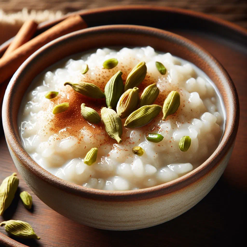 Creamy Omani rice pudding topped with cardamom and chopped nuts