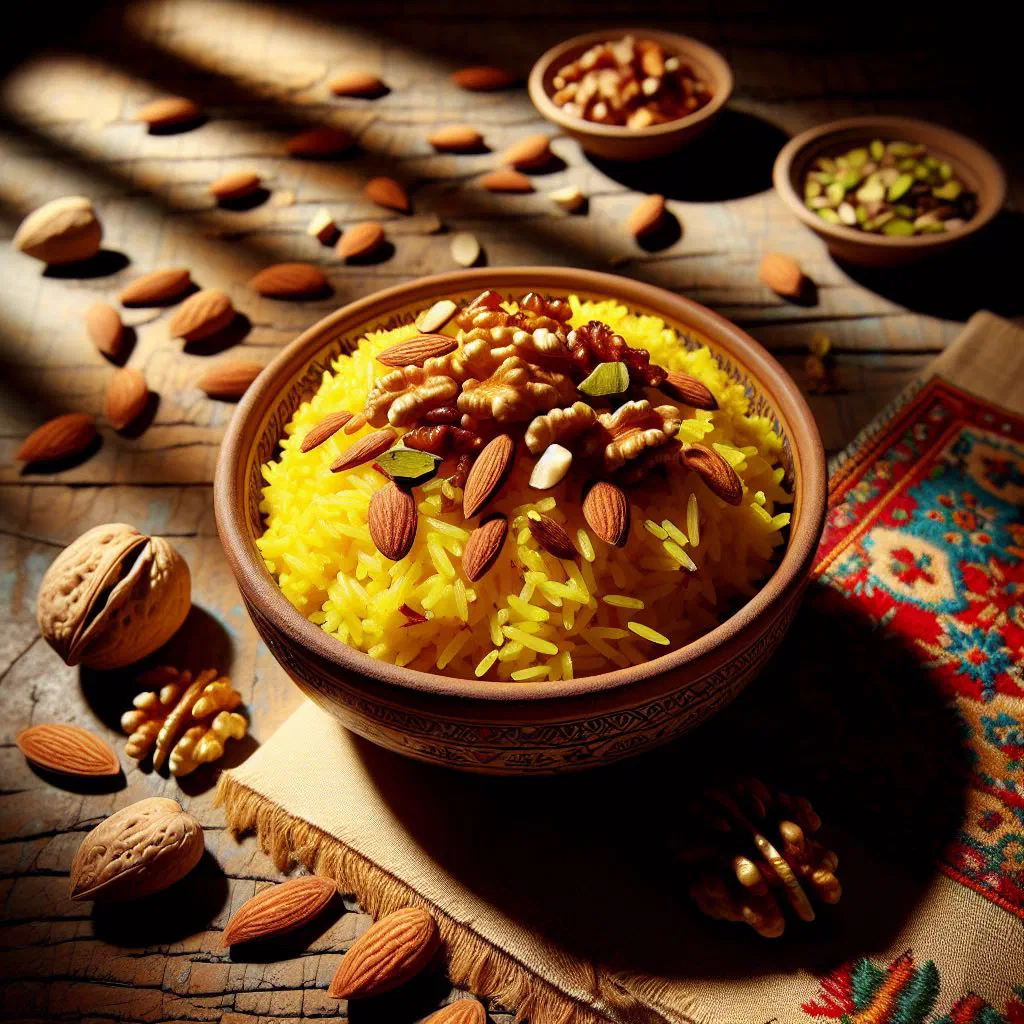 Golden saffron rice topped with toasted mixed nuts and dried fruit
