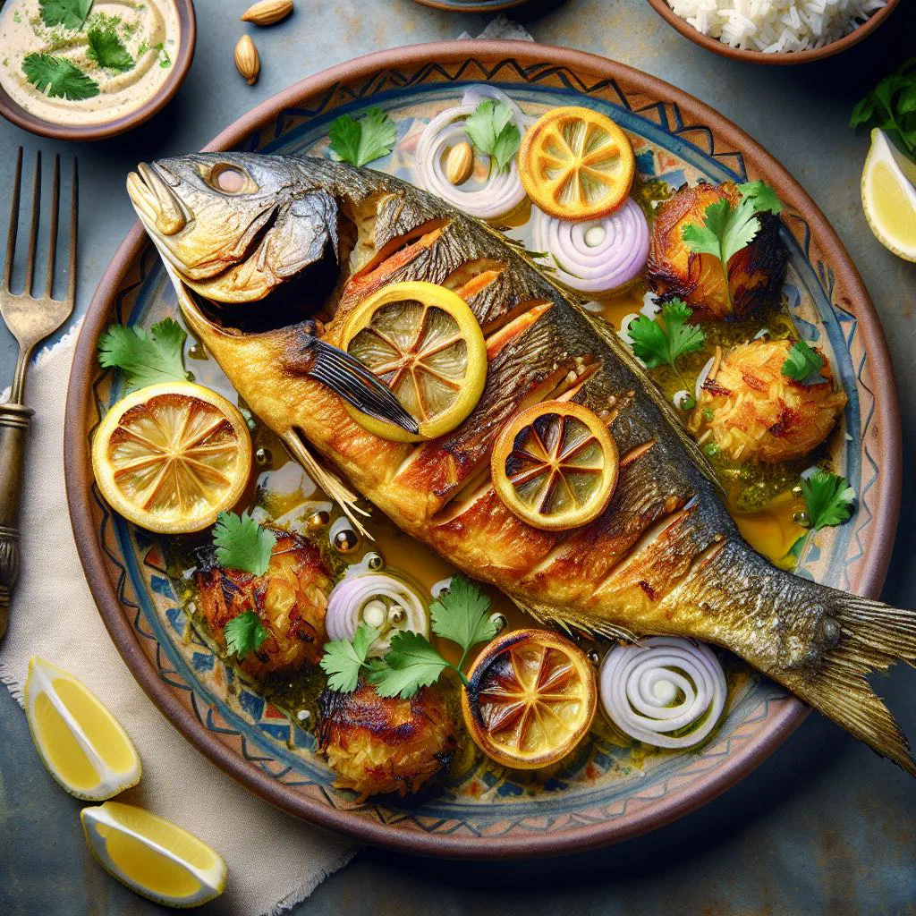 Whole grilled fish topped with fresh herbs and lemon slices