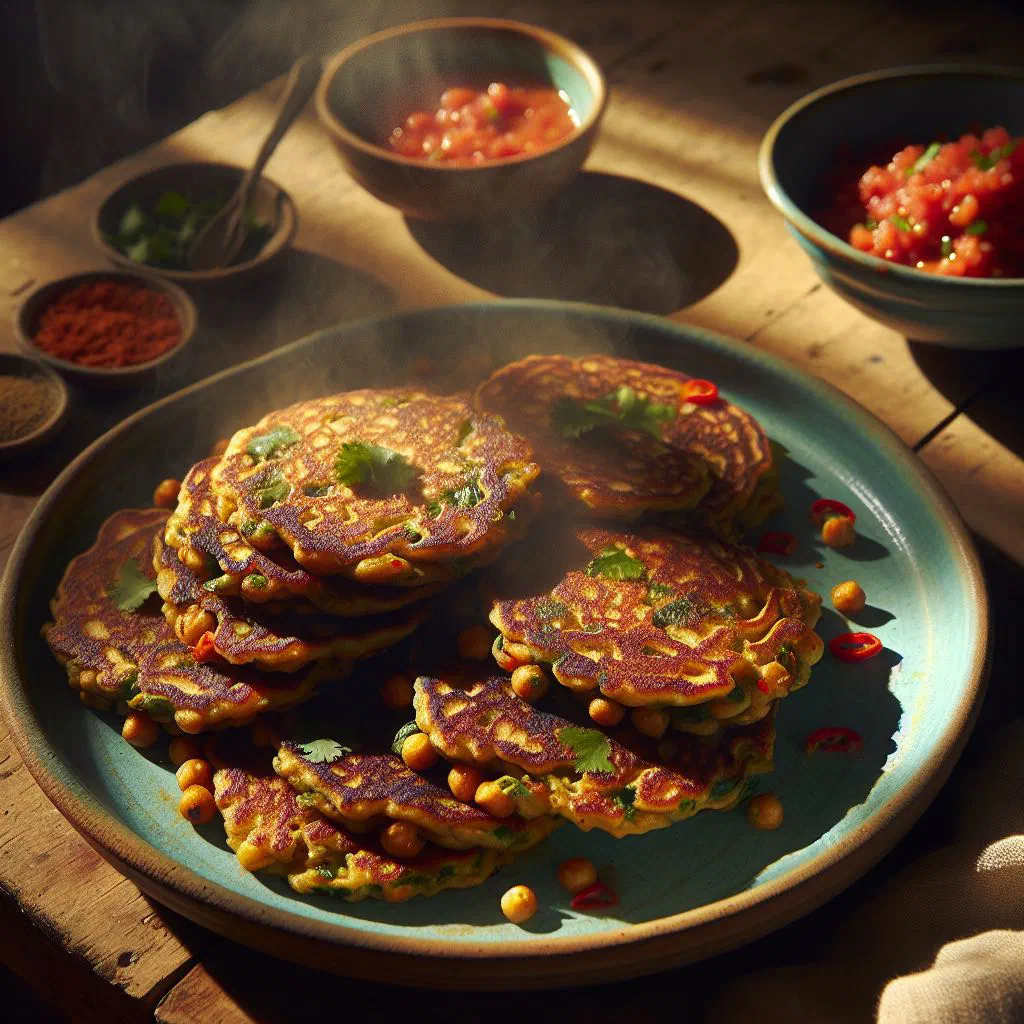 Golden savoury chickpea pancakes garnished with fresh herbs