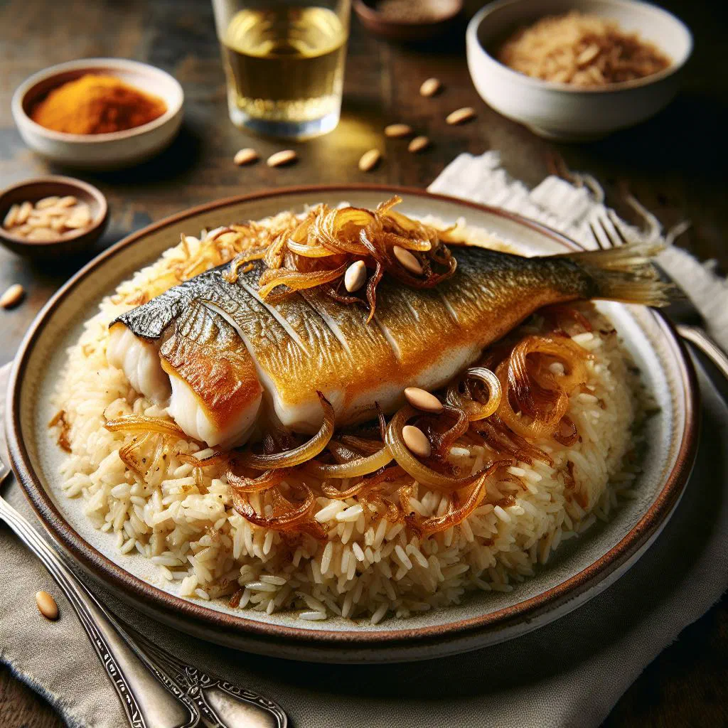 Sayadieh fish and spiced rice garnished with fresh herbs