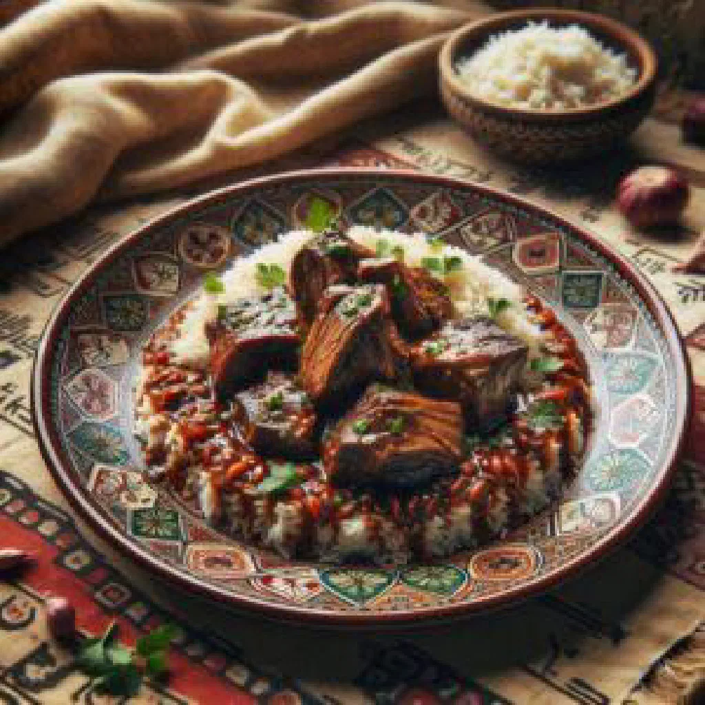 Slow-cooked Omani shuwa lamb served on a bed of spiced rice