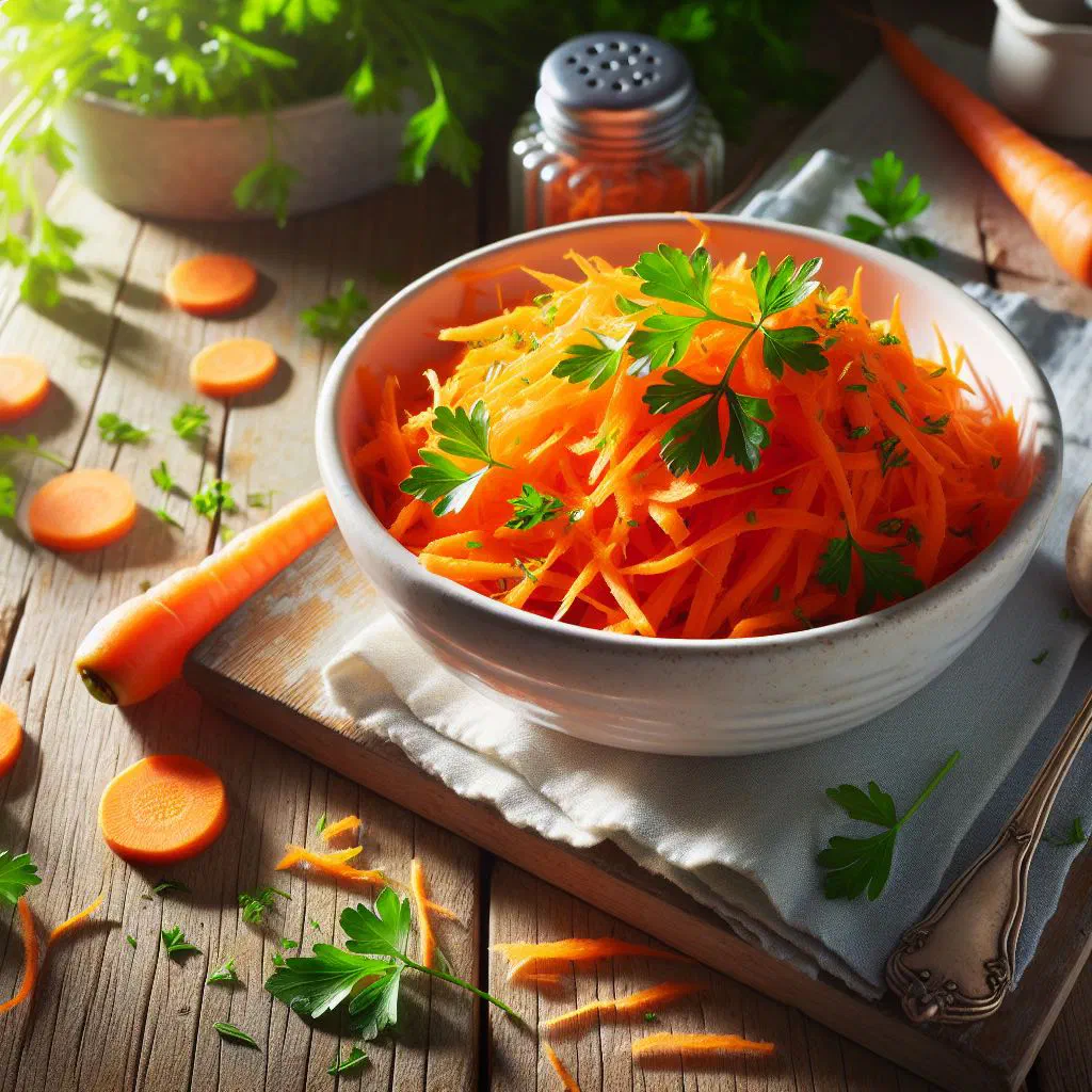 A bowl of freshly grated carrot salad garnished with parsley