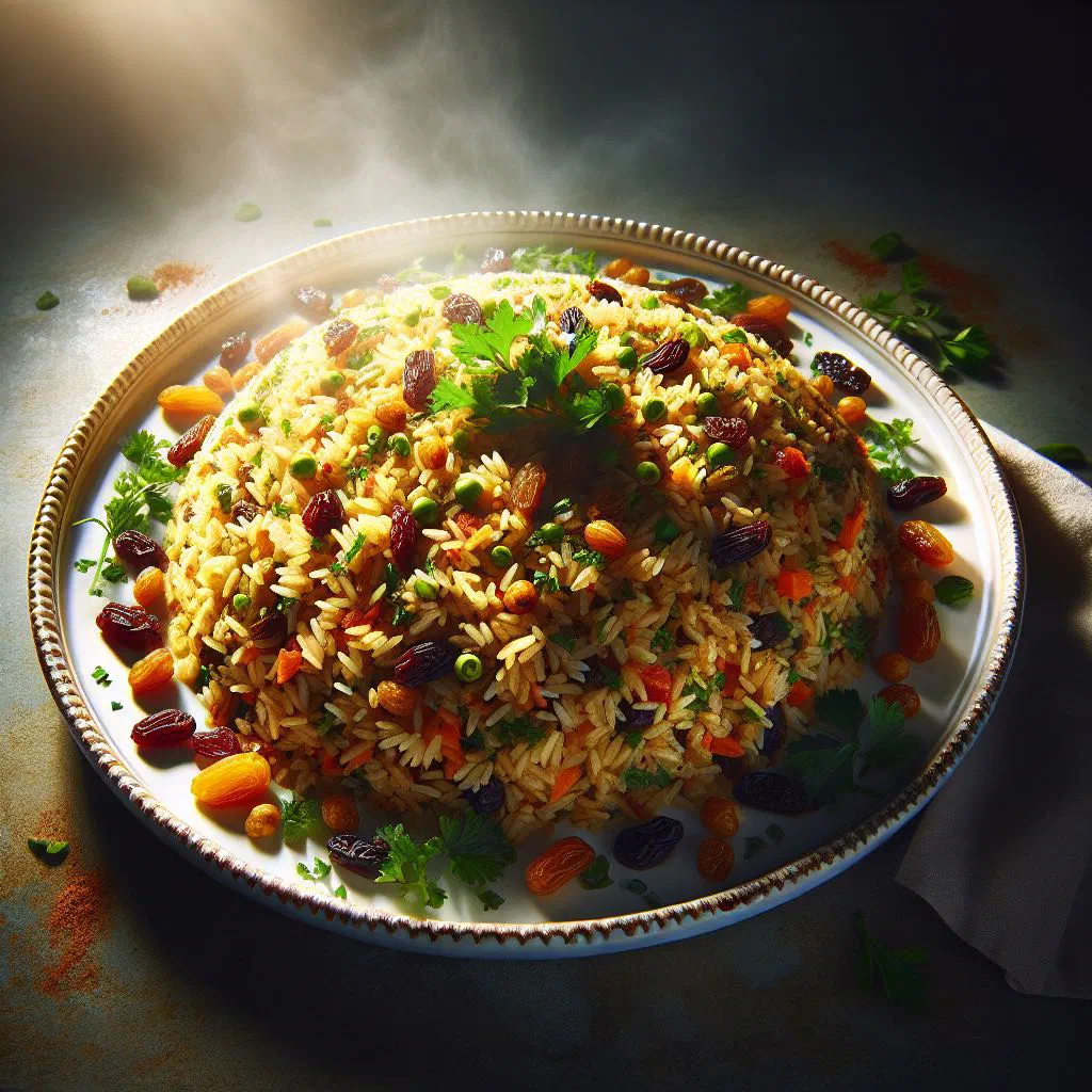 Spiced rice pilaf with tender meat and fresh herbs in a serving bowl