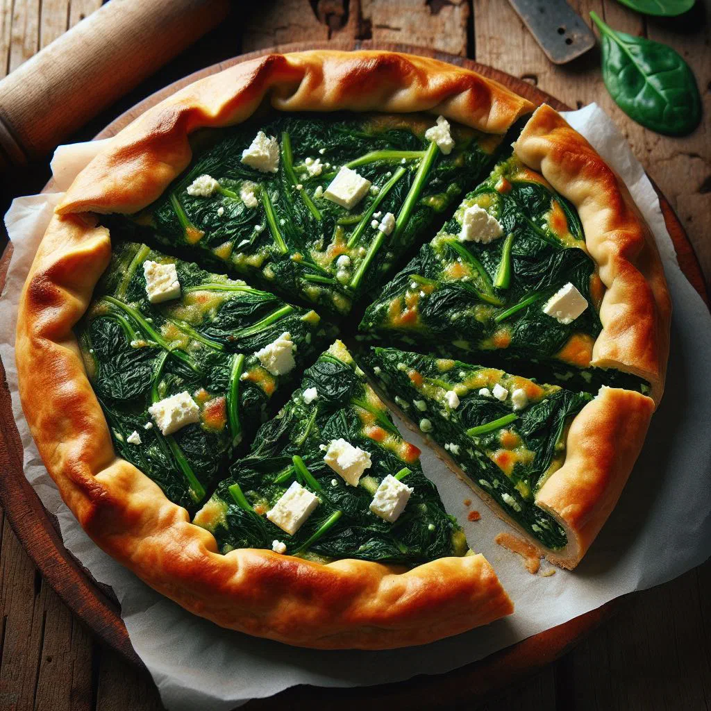 Golden baked spinach pie with a spinach and feta filling