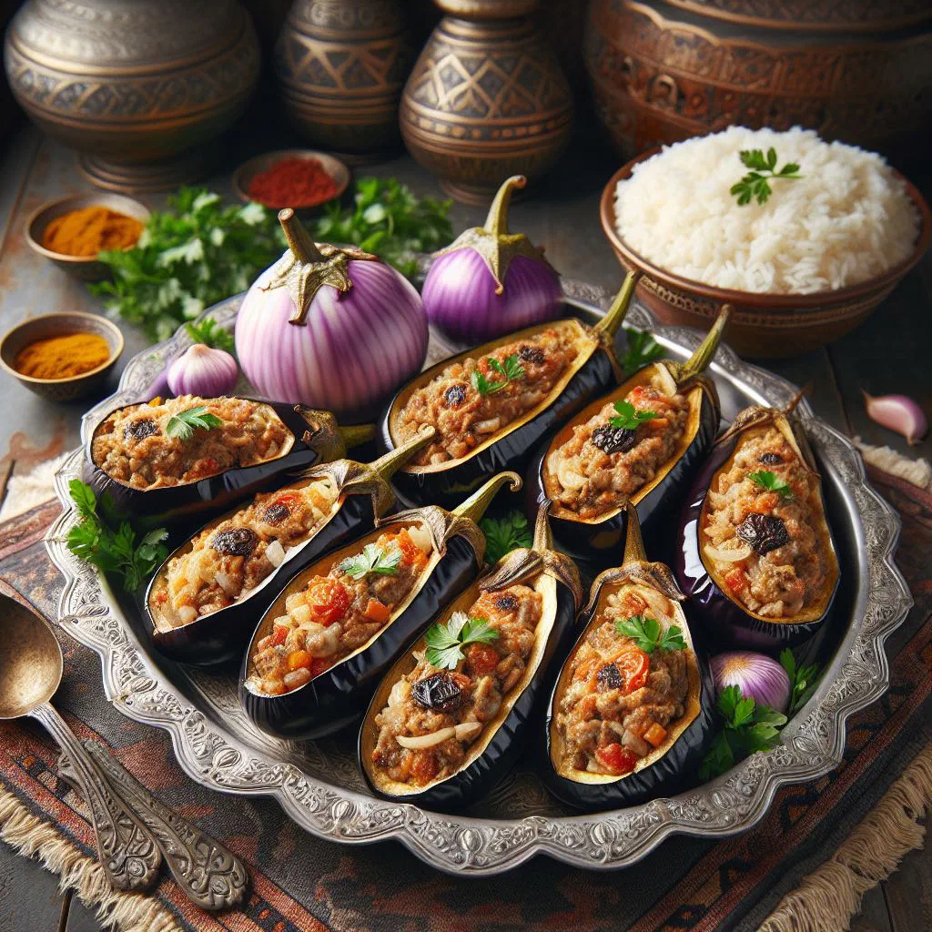 Baked stuffed aubergine halves filled with spiced minced meat and rice