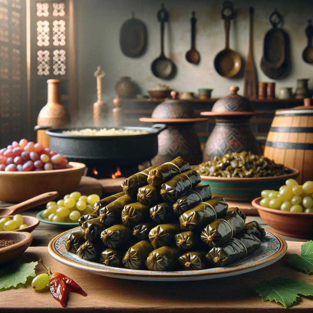 Rolled stuffed grape leaves arranged on a plate with lemon wedges
