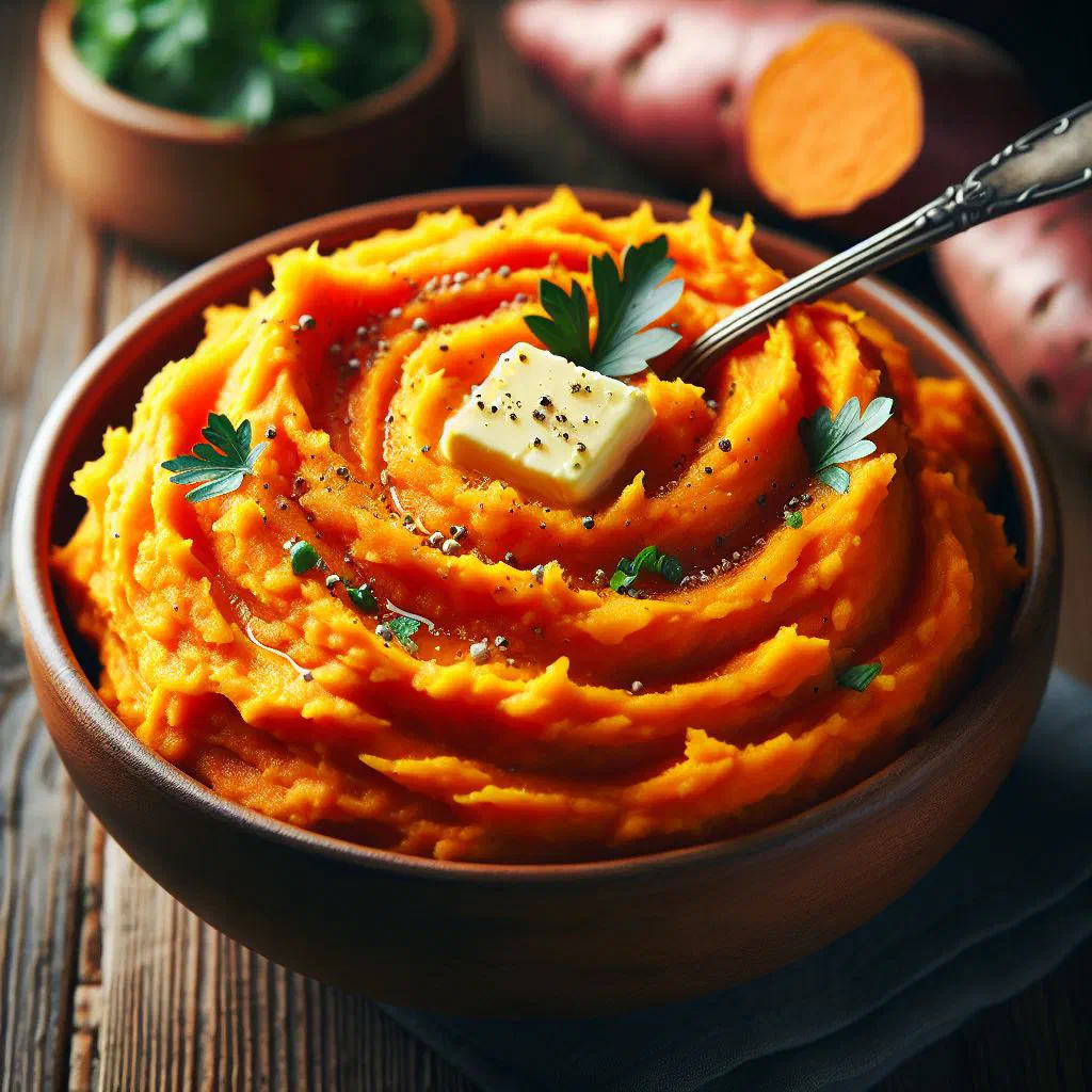 Creamy sweet potato mash in a bowl garnished with fresh herbs