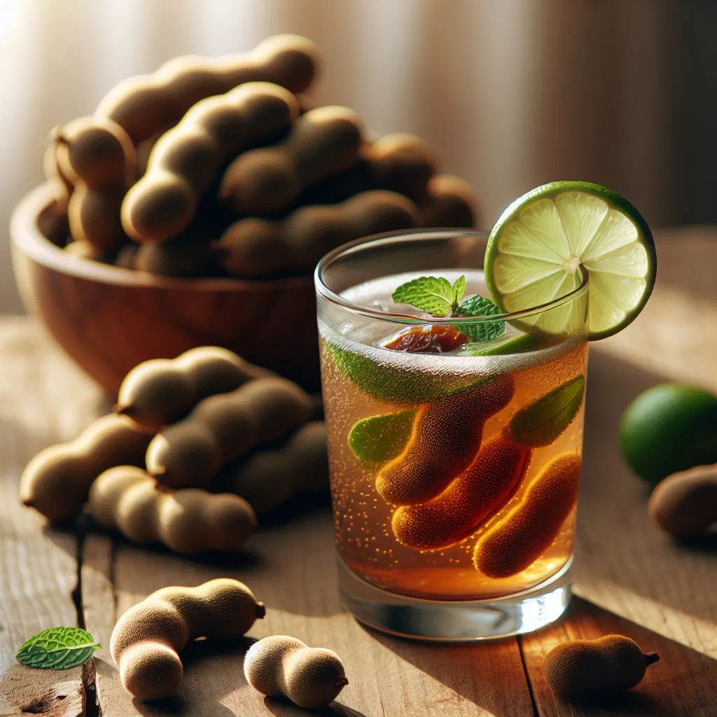A tall glass of chilled tamarind drink garnished with mint and ice