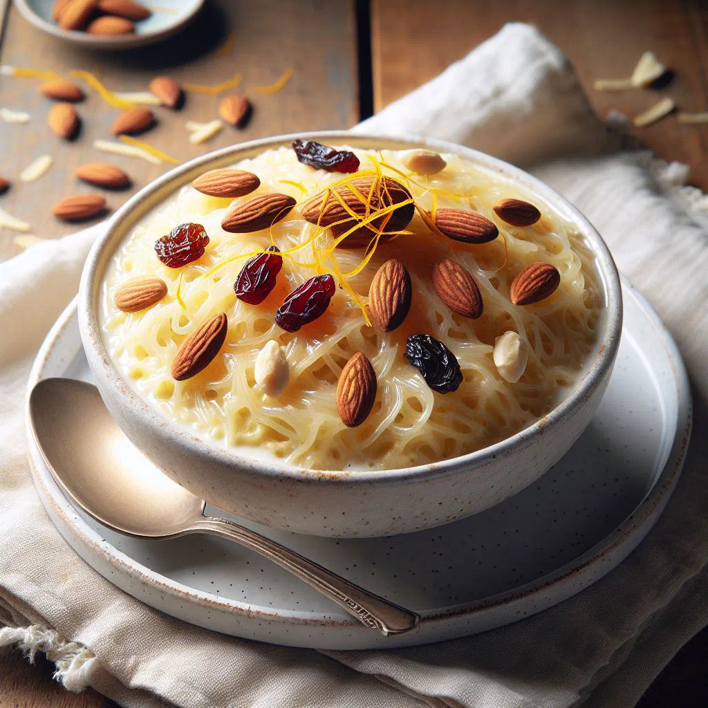 Creamy vermicelli pudding in a bowl topped with chopped almonds