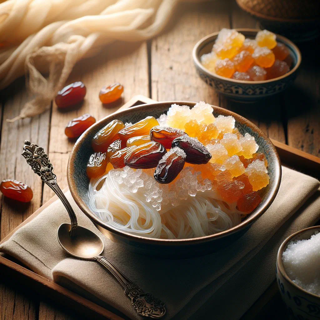 Bowl of buttery vermicelli with chopped dates and a dusting of sugar
