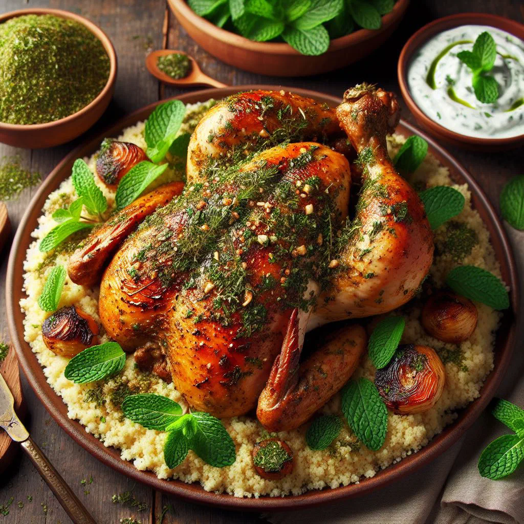 Za'atar roasted chicken pieces served with flatbread and fresh vegetables