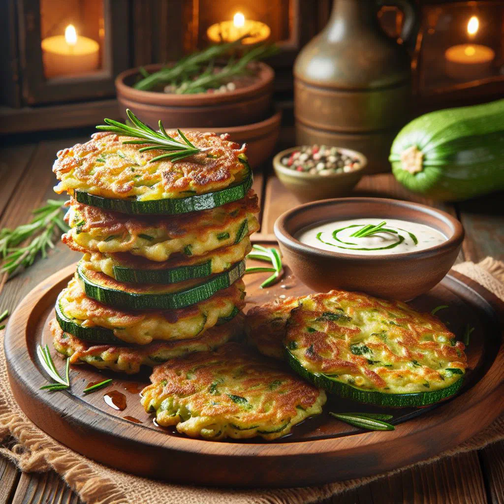 Golden zucchini fritters garnished with fresh herbs and a yogurt dip