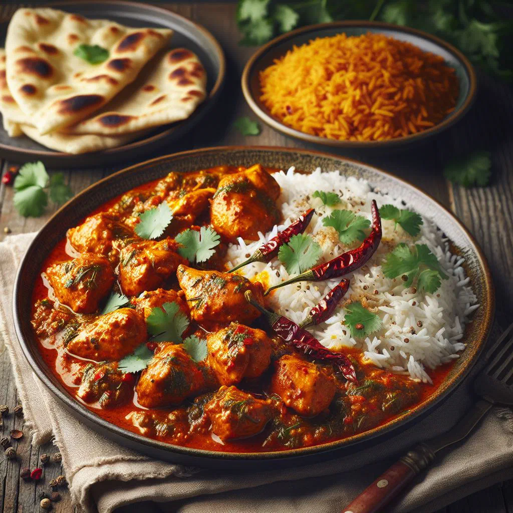 Achari chicken in a spiced pickle-style sauce garnished with fresh coriander