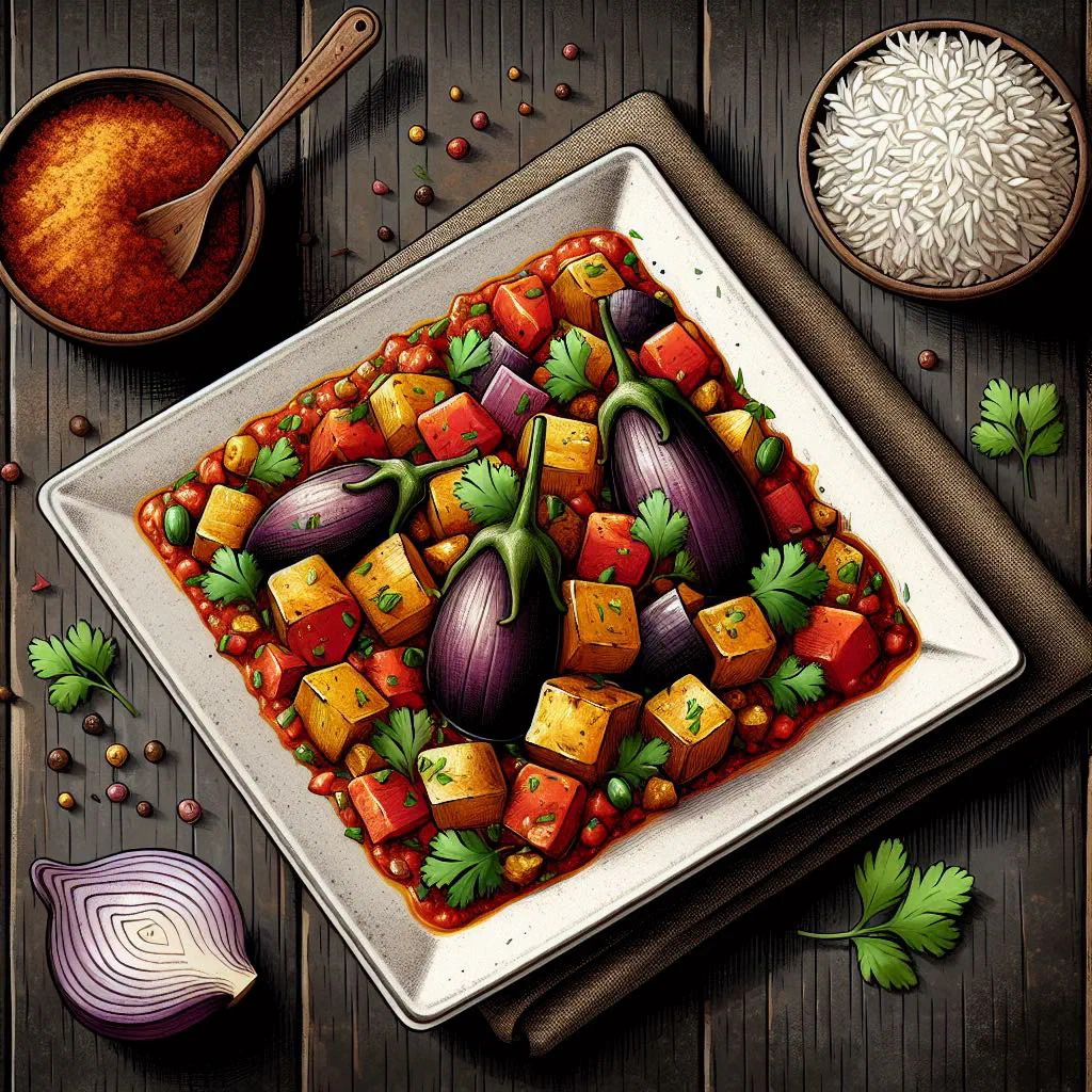 Aloo baingan curry of potatoes and aubergine garnished with fresh coriander