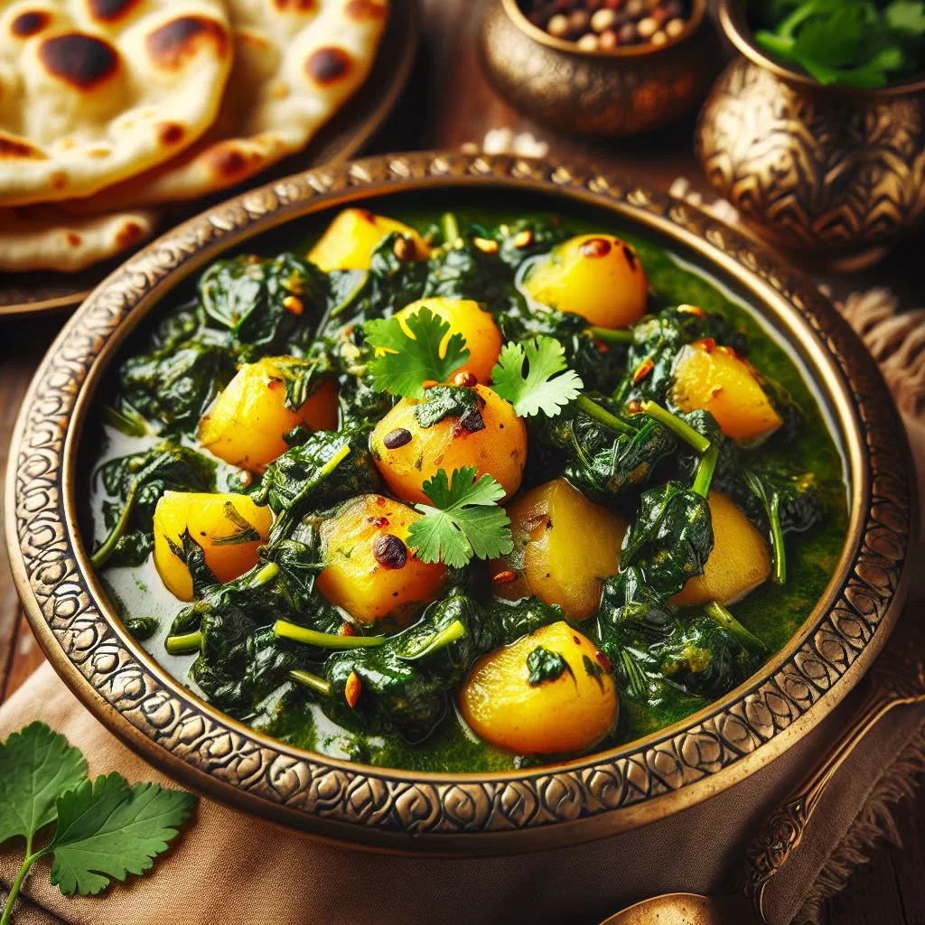 Aloo palak — potato and spinach curry garnished with fresh coriander