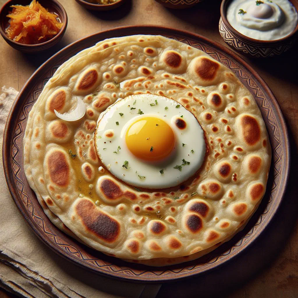 Anda paratha, a folded flatbread filled with spiced scrambled egg