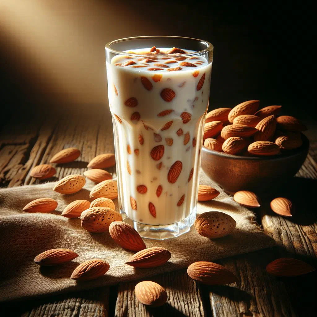 Glass of creamy badaam milk garnished with chopped pistachios and almonds